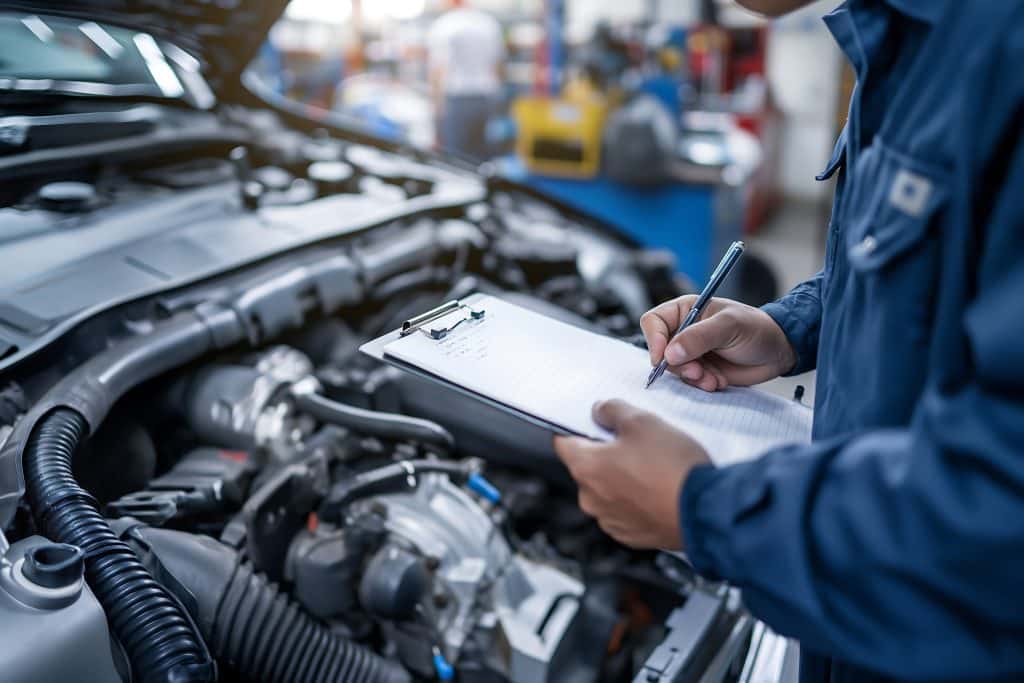 Mecânico preenchendo uma prancheta enquanto inspeciona o motor de um carro em uma oficina.
