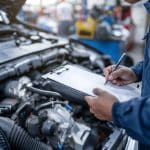 Mecânico preenchendo uma prancheta enquanto inspeciona o motor de um carro em uma oficina.