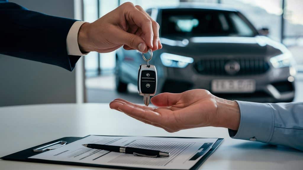 Duas mãos em destaque, uma entregando a chave de um carro para a outra, sobre uma mesa com um contrato e uma caneta. Ao fundo, é possível ver um veículo em exposição.