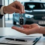 Duas mãos em destaque, uma entregando a chave de um carro para a outra, sobre uma mesa com um contrato e uma caneta. Ao fundo, é possível ver um veículo em exposição.