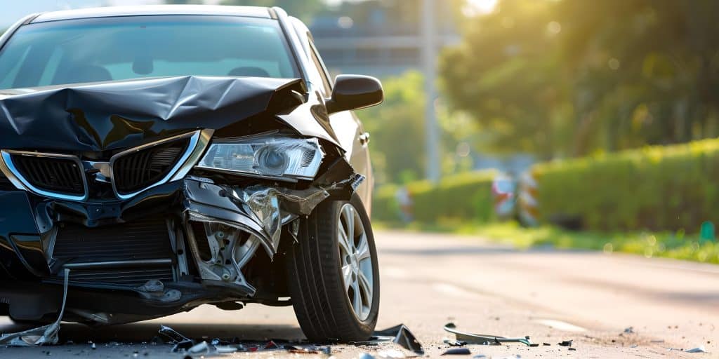 Carro com a frente amassada após uma colisão, evidenciando a necessidade de reparo na longarina devido ao impacto.