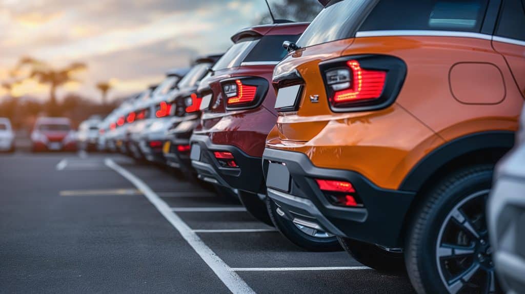 Fila de SUVs estacionados ao ar livre, em um fim de tarde com céu colorido, destacando veículos modernos e prontos para comercialização.