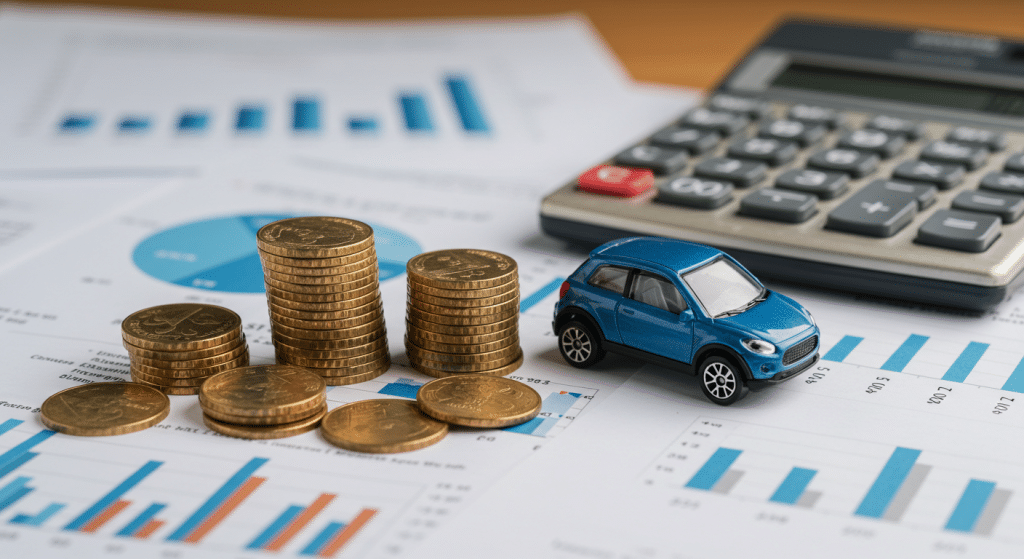 Um carro de brinquedo azul colocado em cima de documentos financeiros, com uma calculadora por perto. Existem moedas empilhadas, indicando um foco em finanças e orçamento. O fundo da imagem possui papéis com gráficos impressos.