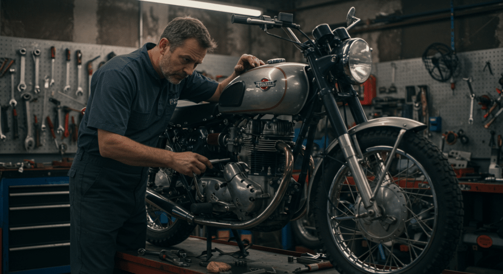 Mecânico realizando manutenção em motocicleta clássica em oficina, cercado por ferramentas e equipamentos automotivos.
