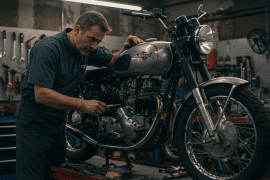 Mecânico realizando manutenção em motocicleta clássica em oficina, cercado por ferramentas e equipamentos automotivos.
