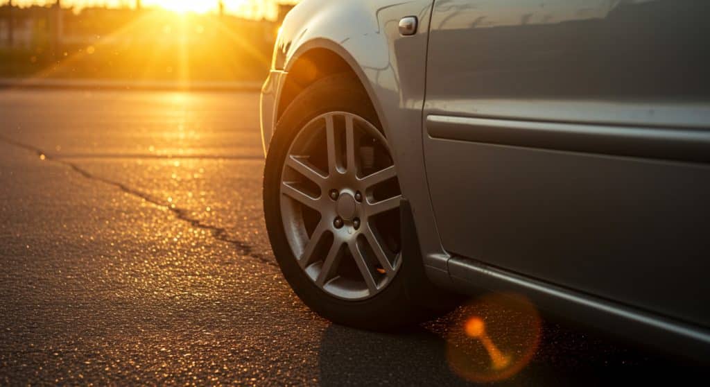 Imagem de um carro estacionado ao pôr do sol, com foco na roda dianteira e a estrada ao fundo.
