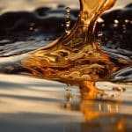 Imagem de óleo fluindo em um líquido escuro, criando um efeito visual brilhante e reflexivo. O líquido dourado se mistura suavemente com o ambiente, destacando-se contra o fundo escuro. A cena transmite uma sensação de viscosidade e fluidez, remetendo a lubrificantes automotivos, como o óleo do câmbio.